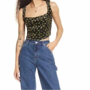 BP. by Be Proud Women's Rose Velour Crop Corset Tank Top Black Floral